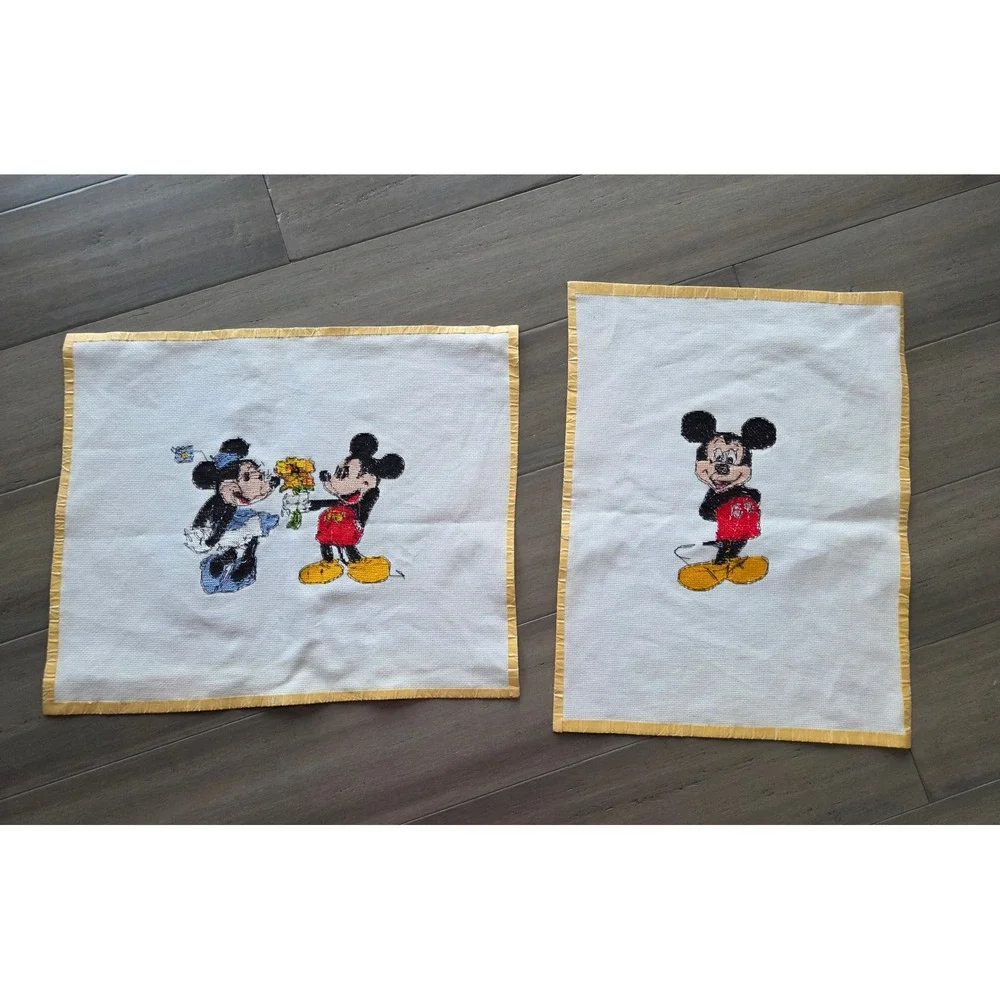 Vintage Disney Mickey Minnie Mouse Cross Stitch Set of 2 Finished, Unframed